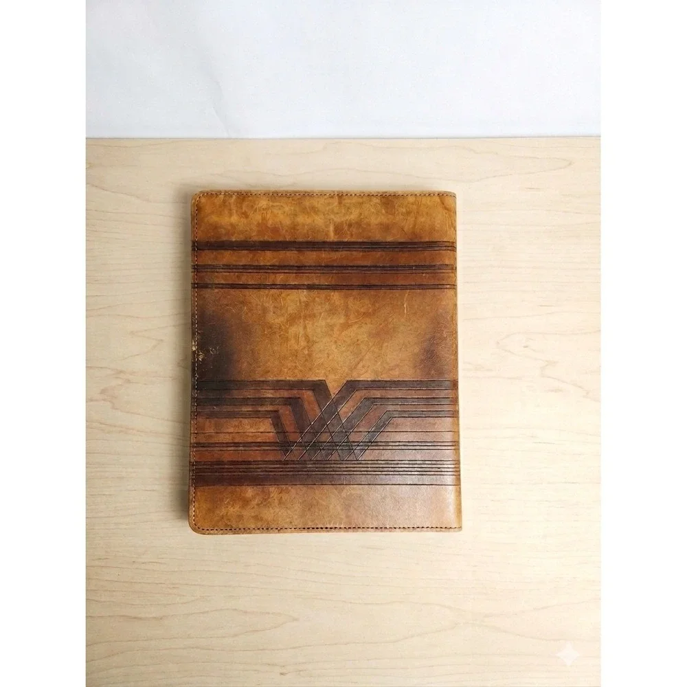 Vintage Tooled Leather Portfolio Brown Geometric Professional Document Organizer